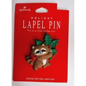 Vintage Hallmark Lapel Pin Raccoon Holly Berries Christmas